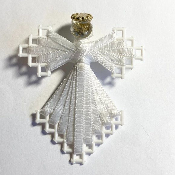Vintage Christmas Angel Pin Brooch White Ribbon Handmade Halo Wings - Picture 3 of 9